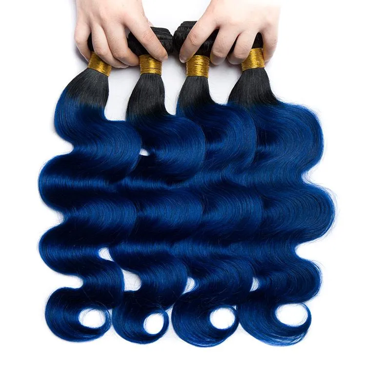 Modern Show Black Root Blue Hair Body Wave 4 Bundles With 4x4 Closure Remy Brazilian Human Hair