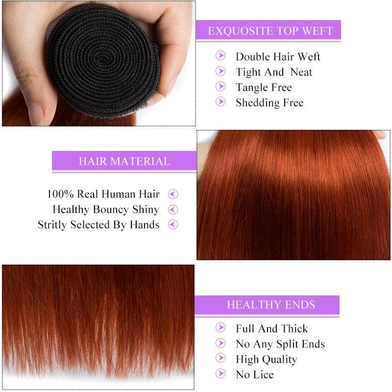 Modern Show Black Root Dark Ginger Straight Brazilian Human Hair 4 Bundles With 4x4 Closure