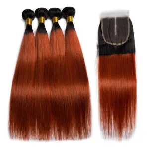 Modern Show Black Root Dark Ginger Straight Brazilian Human Hair 4 Bundles With 4x4 Closure
