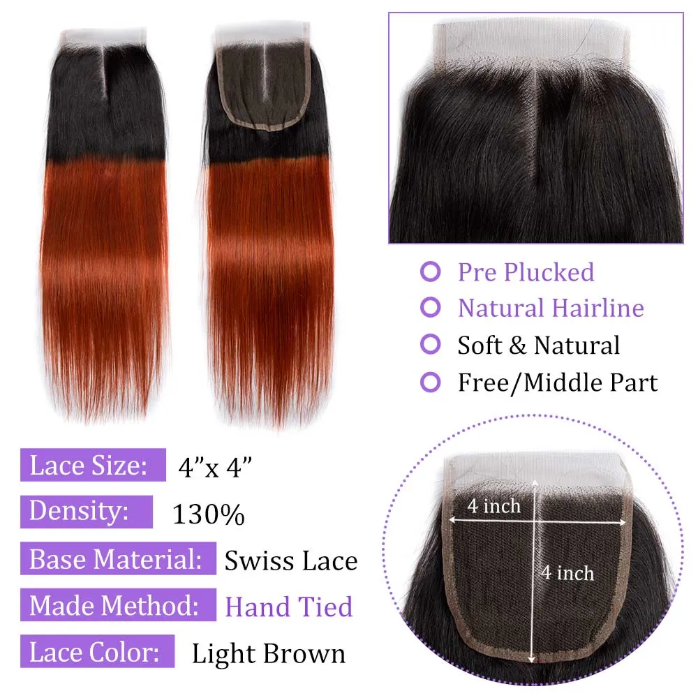 Modern Show Black Root Dark Ginger Straight Brazilian Human Hair 4 Bundles With 4x4 Closure