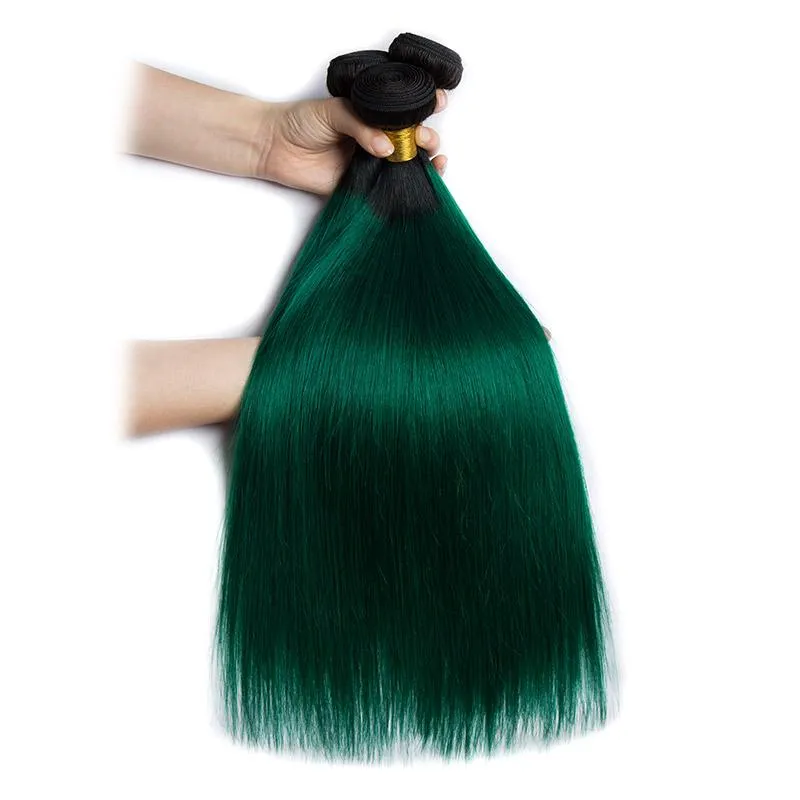 Modern Show Black Root Green Hair Straight 3 Bundles With 4x4 Closure Remy Brazilian Human Hair