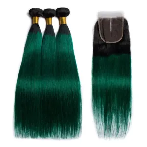 Modern Show Black Root Green Hair Straight 3 Bundles With 4x4 Closure Remy Brazilian Human Hair