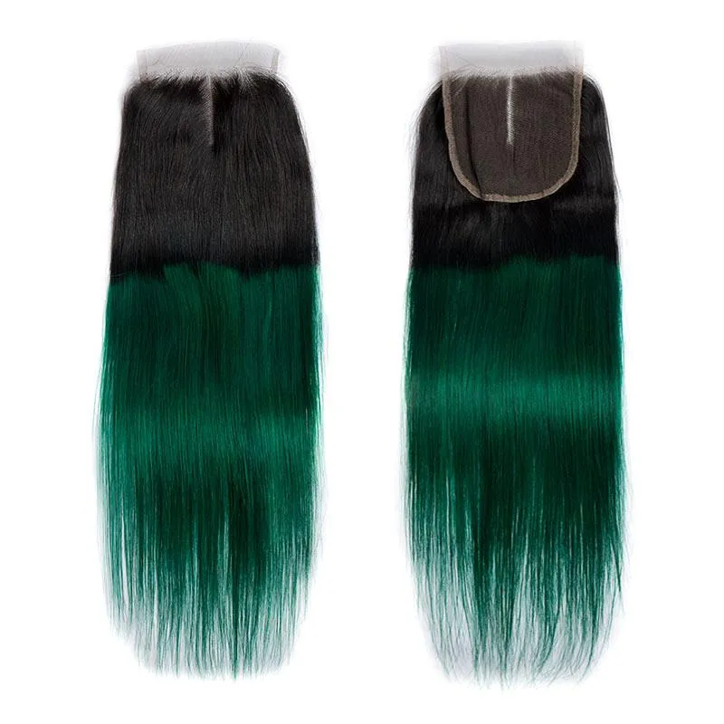 Modern Show Black Root Green Hair Straight 3 Bundles With 4x4 Closure Remy Brazilian Human Hair