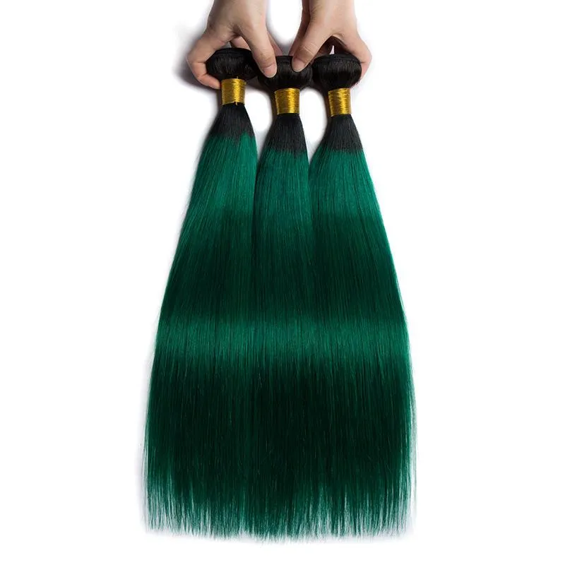 Modern Show Black Root Green Hair Straight 3 Bundles With 4x4 Closure Remy Brazilian Human Hair