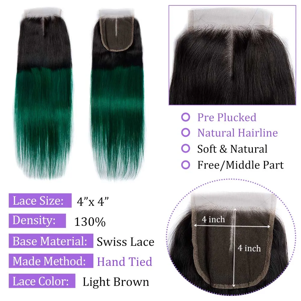 Modern Show Black Root Green Hair Straight 3 Bundles With 4x4 Closure Remy Brazilian Human Hair