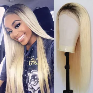 Modern Show Black Roots Blonde Ombre Color Brazilian Human Hair Straight Lace Front Wig