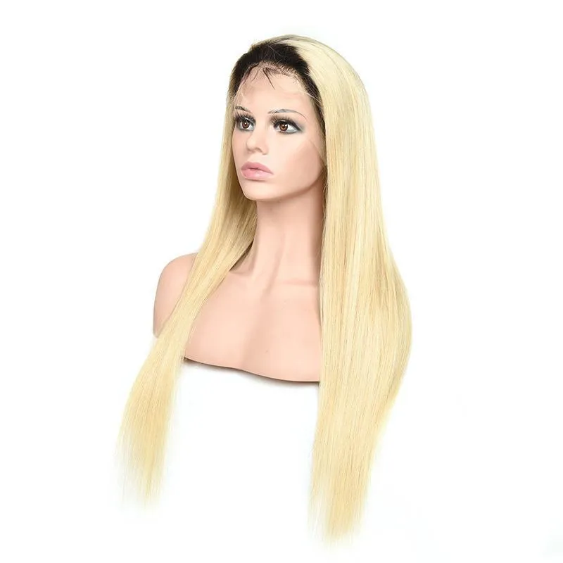 Modern Show Black Roots Blonde Ombre Color Brazilian Human Hair Straight Lace Front Wig