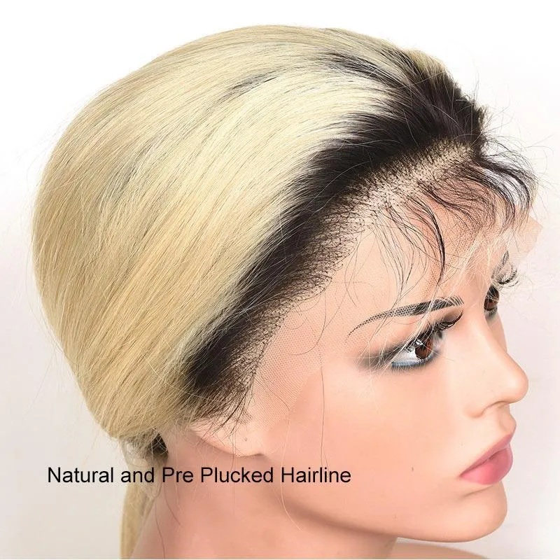 Modern Show Black Roots Blonde Ombre Color Brazilian Human Hair Straight Lace Front Wig
