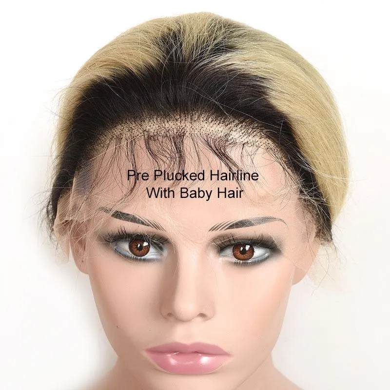 Modern Show Black Roots Blonde Ombre Color Brazilian Human Hair Straight Lace Front Wig