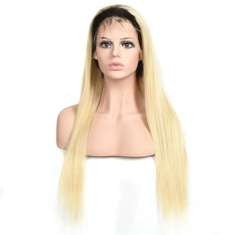 Modern Show Black Roots Blonde Ombre Color Brazilian Human Hair Straight Lace Front Wig
