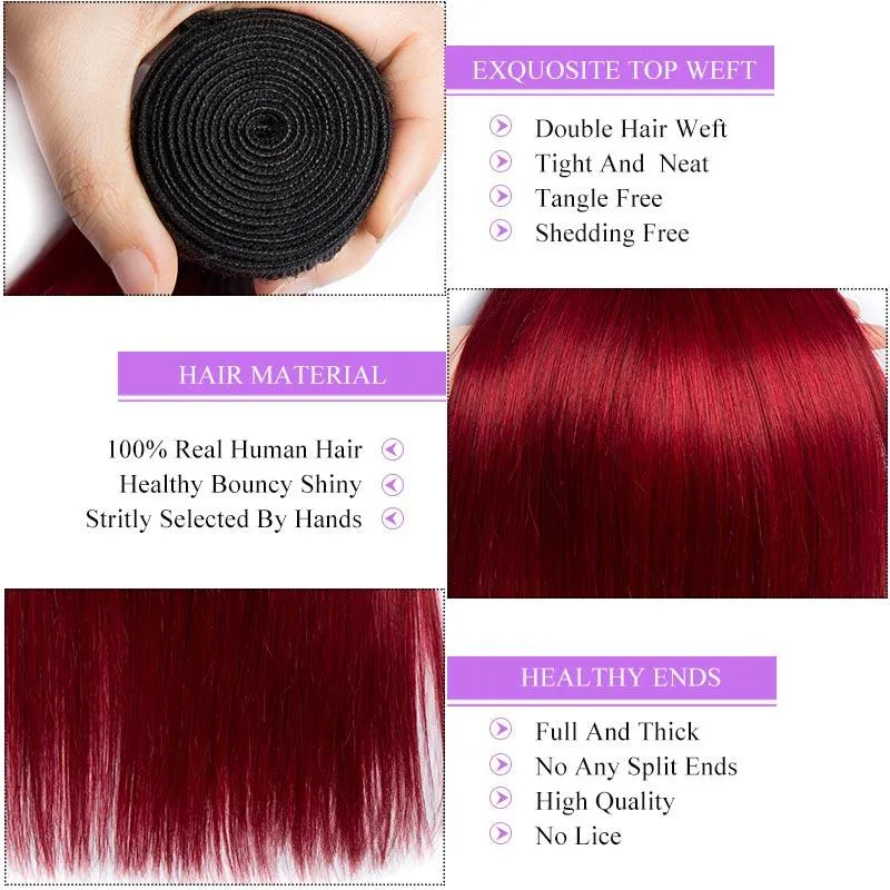 Modern Show Black Roots Burgundy Straight Hair Brazilian Human Hair Weave 4 Bundles