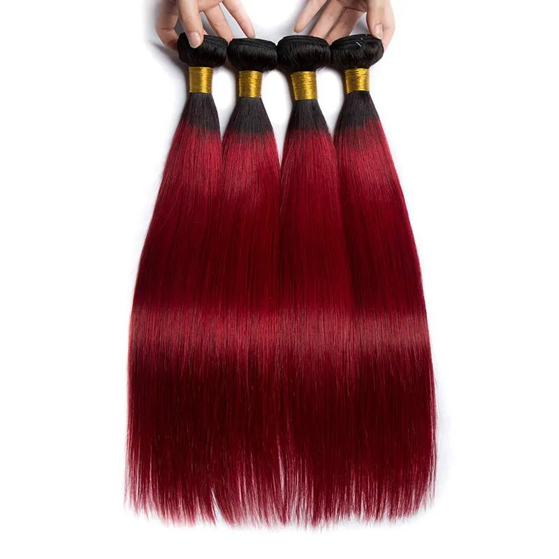 Modern Show Black Roots Burgundy Straight Hair Brazilian Human Hair Weave 4 Bundles