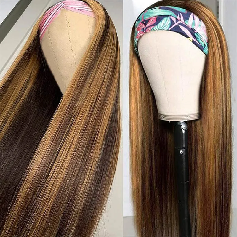 Modern Show Brazilian Straight Brown With Strawberry Blonde Hair Headband Wigs Human Hair