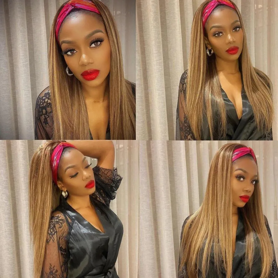 Modern Show Brazilian Straight Brown With Strawberry Blonde Hair Headband Wigs Human Hair
