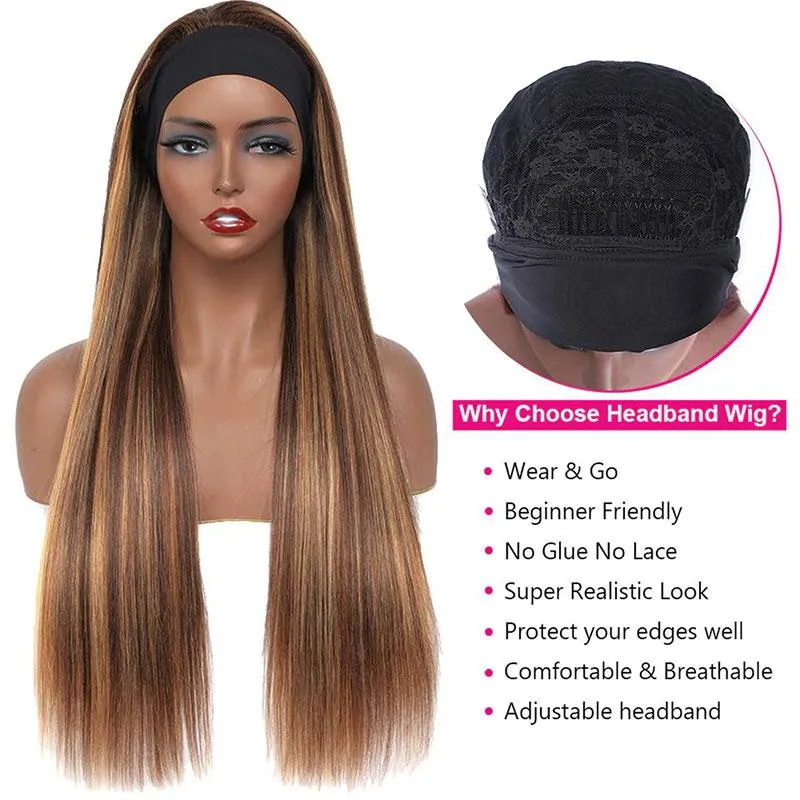 Modern Show Brazilian Straight Brown With Strawberry Blonde Hair Headband Wigs Human Hair