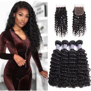 Modern Show Brazilian Virgin Remy Curly Human Hair Weave 4 Bundles With Lace Closure