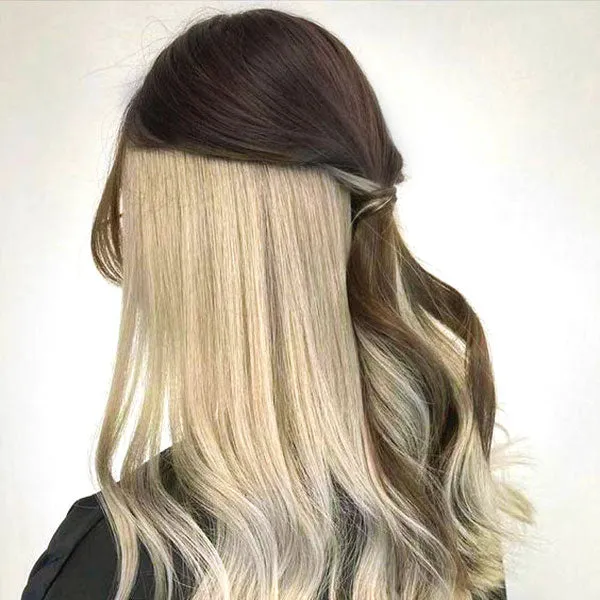 Modern Show Brown Hair With Blonde Peekaboo Highlights Human Hair Wig