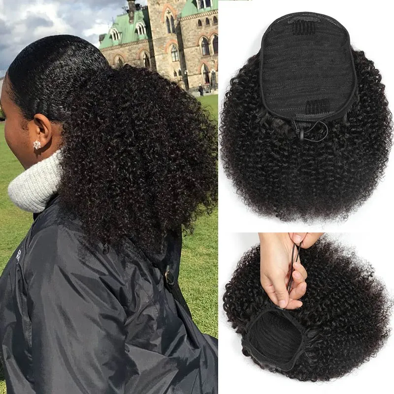 Modern Show Human Hair Drawstring Ponytail Brazilian Hair Afro Kinky Curly Yaki Straight Texture For Choose