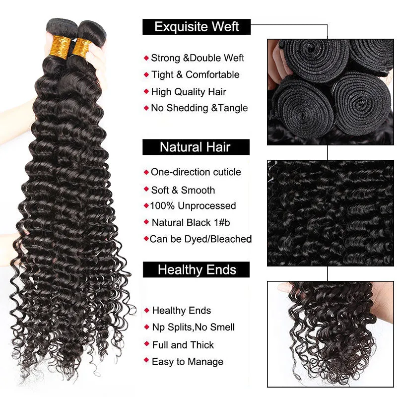 Modern Show Long Black Deep Wave Hair 3 Bundles With Closure Remy Human Hair Curly Weave For Sew In