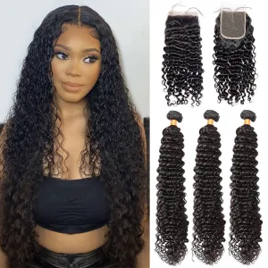 Modern Show Long Black Deep Wave Hair 3 Bundles With Closure Remy Human Hair Curly Weave For Sew In