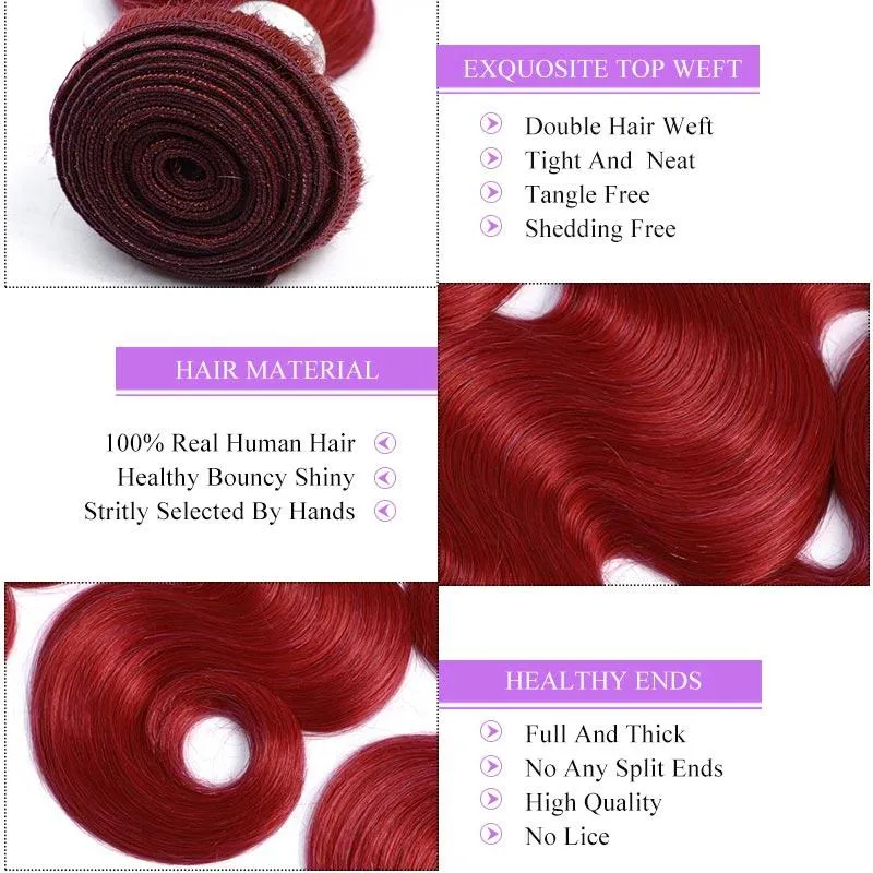Modern Show Long Wavy Burgundy Colored Hair 3 Bundles of Brazilian Body Wave Red Human Hair Weave