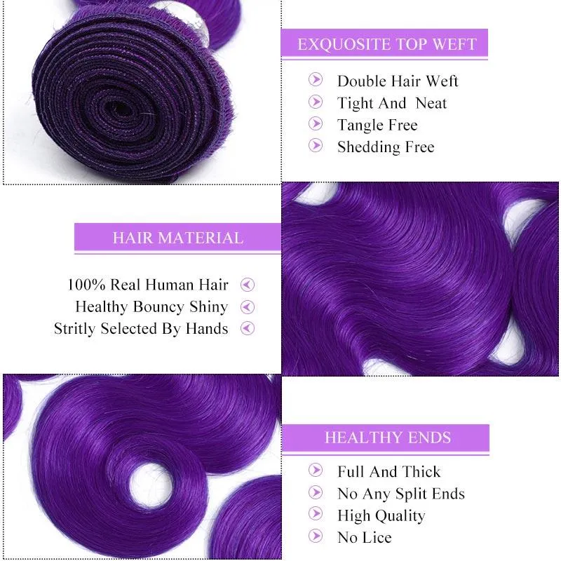 Modern Show Long Wavy Purple Hair 3 Bundles of Brazilian Body Wave Human Hair Weave