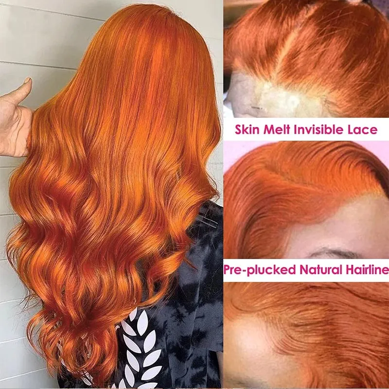 Modern Show Orange Ginger Human Hair Body Wave Pre Plucked Transparent HD Lace Wigs For Women
