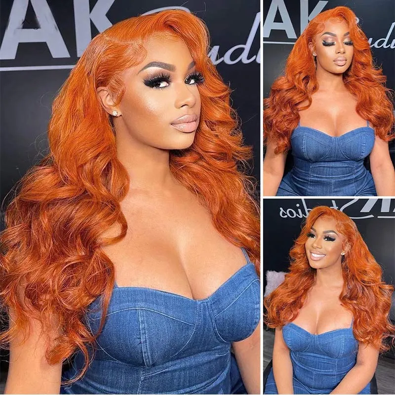 Modern Show Orange Ginger Human Hair Body Wave Pre Plucked Transparent HD Lace Wigs For Women