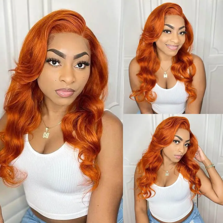 Modern Show Orange Ginger Human Hair Body Wave Pre Plucked Transparent HD Lace Wigs For Women