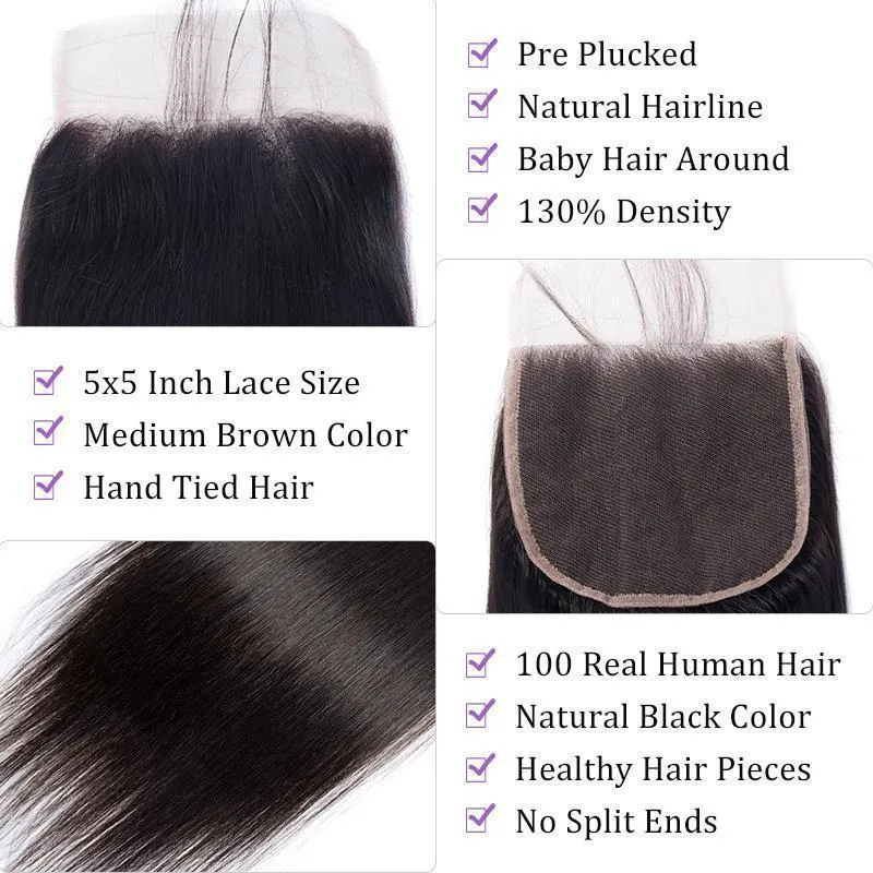 Modern Show Peruvian Straight Remy Human Hair 5x5 Lace Closure Free Part Pre Plucked With Baby Hair
