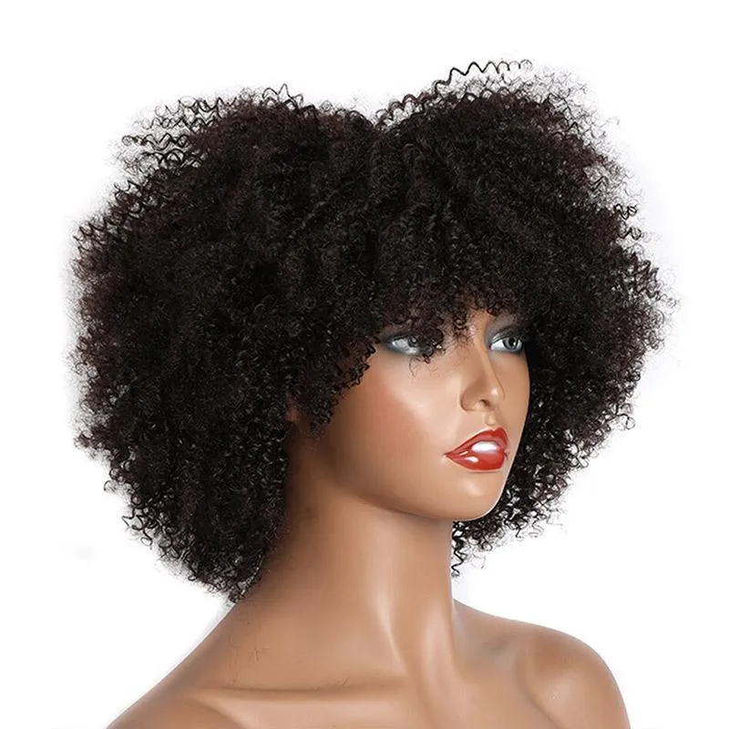 Modern Show Short Afro Kinky Curly Human Hair Wig With Bangs Affordable Glueless Wigs For Women