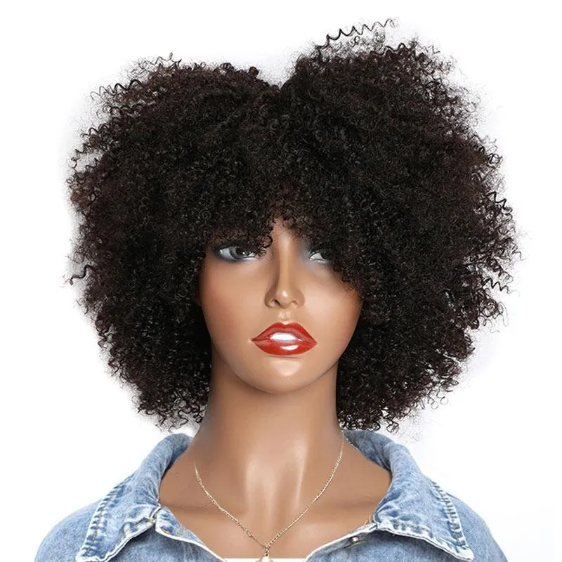 Modern Show Short Afro Kinky Curly Human Hair Wig With Bangs Affordable Glueless Wigs For Women
