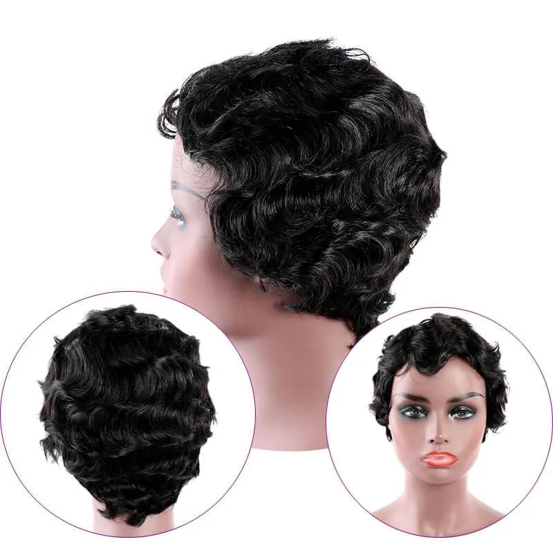 Modern Show Short Mommy Hair Wig Finger Wave 100% Human Hair Wigs Guleless Pixie Cut Wig