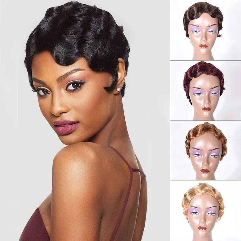Modern Show Short Mommy Hair Wig Finger Wave 100% Human Hair Wigs Guleless Pixie Cut Wig