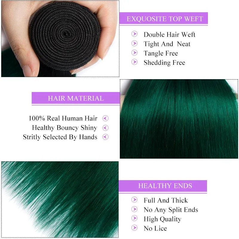 Modern Show Straight Black Roots Green Hair 4 Bundles of Brazilian Human Hair Weave