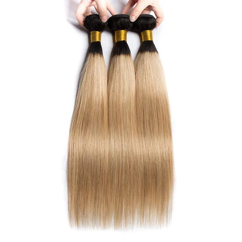 Modern Show Straight Black Roots Strawberry Blonde Hair Brazilian Human Hair Bundle 1Pcs