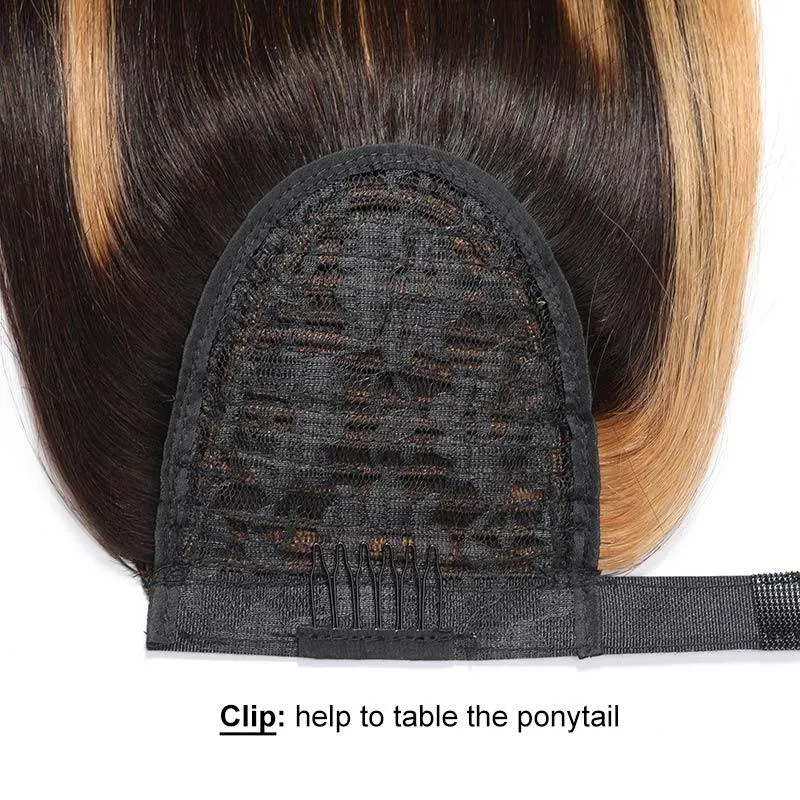 Modern Show Straight Strawberry Blonde Highlights On Brown Hair Velcro Ponytail Human Hair