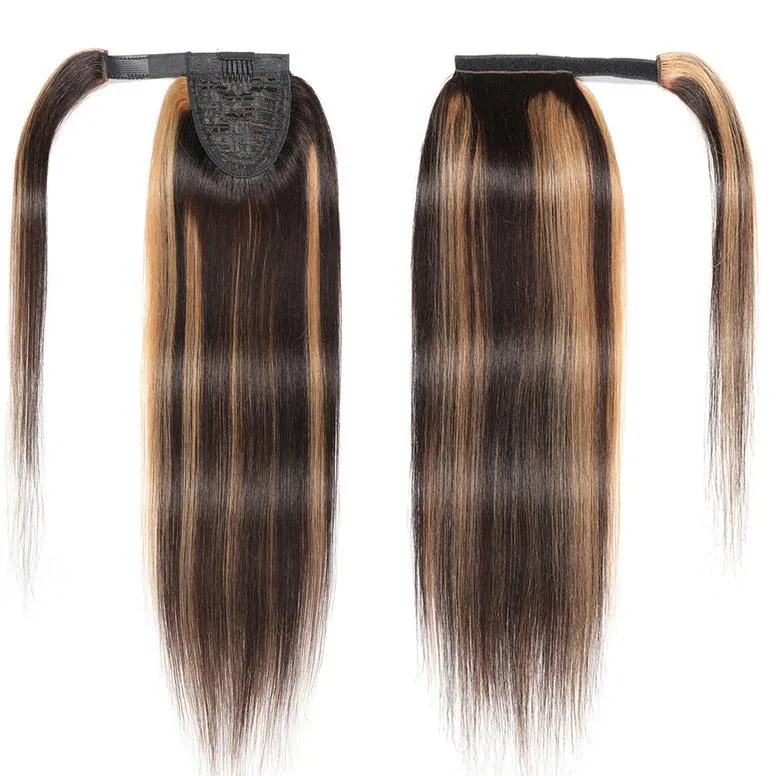 Modern Show Straight Strawberry Blonde Highlights On Brown Hair Velcro Ponytail Human Hair
