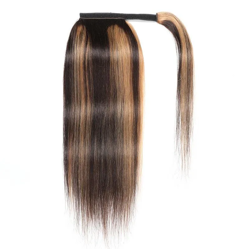 Modern Show Straight Strawberry Blonde Highlights On Brown Hair Velcro Ponytail Human Hair