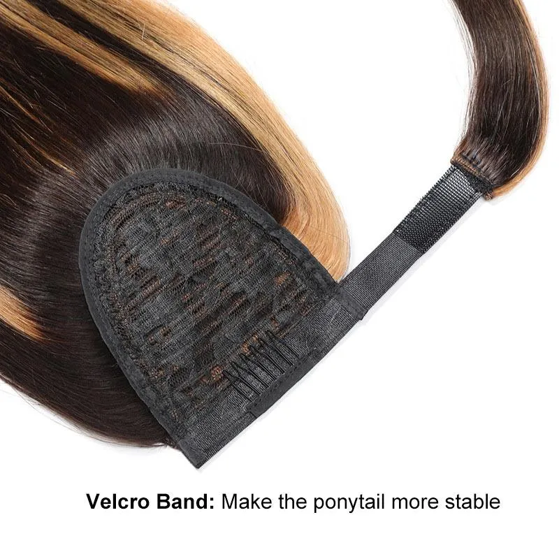 Modern Show Straight Strawberry Blonde Highlights On Brown Hair Velcro Ponytail Human Hair