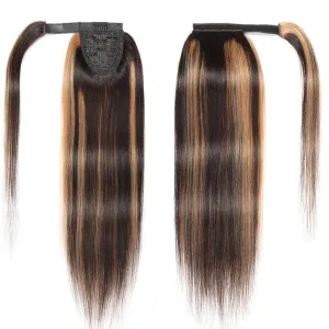 Modern Show Straight Strawberry Blonde Highlights On Brown Hair Velcro Ponytail Human Hair