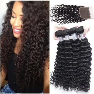 Modern Show Virgin Remy Peruvian Deep Curly Human Hair 4 Bundles With Lace Closure