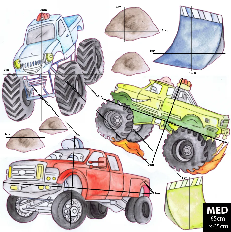 Monster Trucks Australian Design Hand Painted Peel & Stick, Removable Wall Decal. Nursery, Kids Playroom, Kids Teens Bedroom