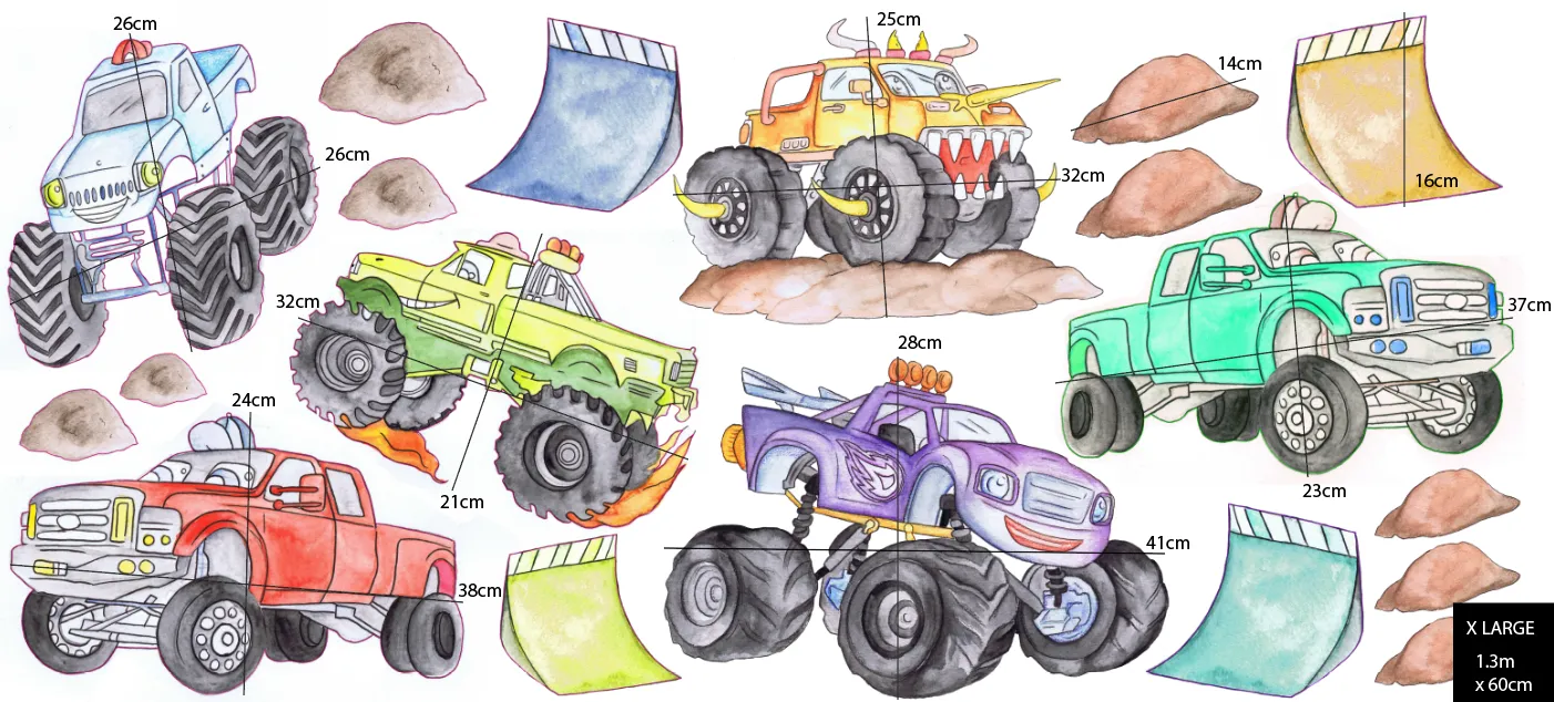 Monster Trucks Australian Design Hand Painted Peel & Stick, Removable Wall Decal. Nursery, Kids Playroom, Kids Teens Bedroom