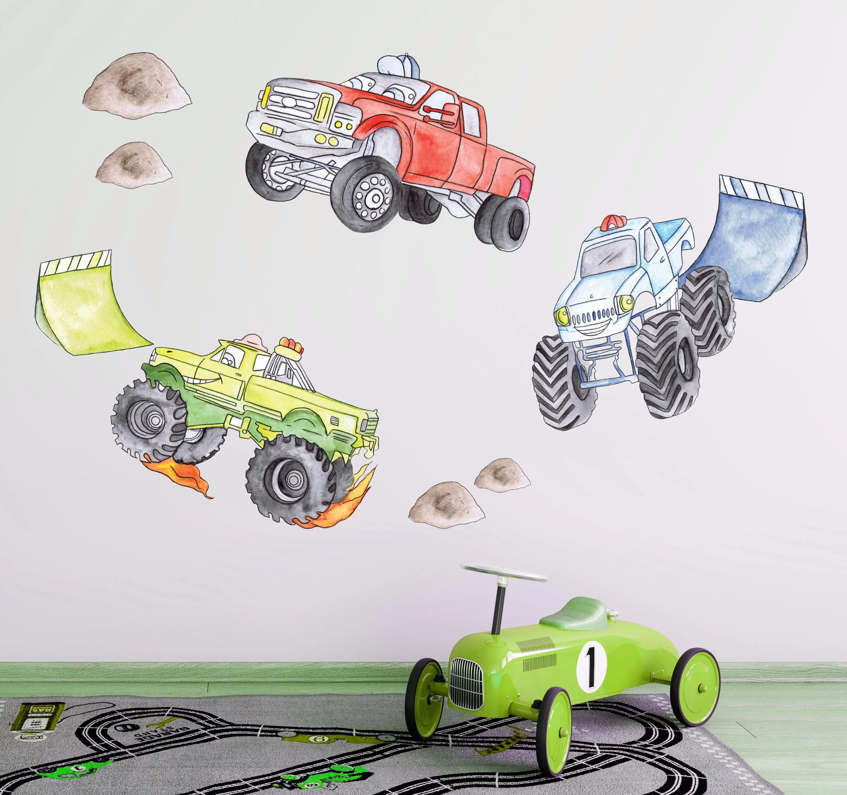 Monster Trucks Australian Design Hand Painted Peel & Stick, Removable Wall Decal. Nursery, Kids Playroom, Kids Teens Bedroom