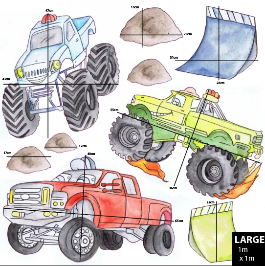 Monster Trucks Australian Design Hand Painted Peel & Stick, Removable Wall Decal. Nursery, Kids Playroom, Kids Teens Bedroom