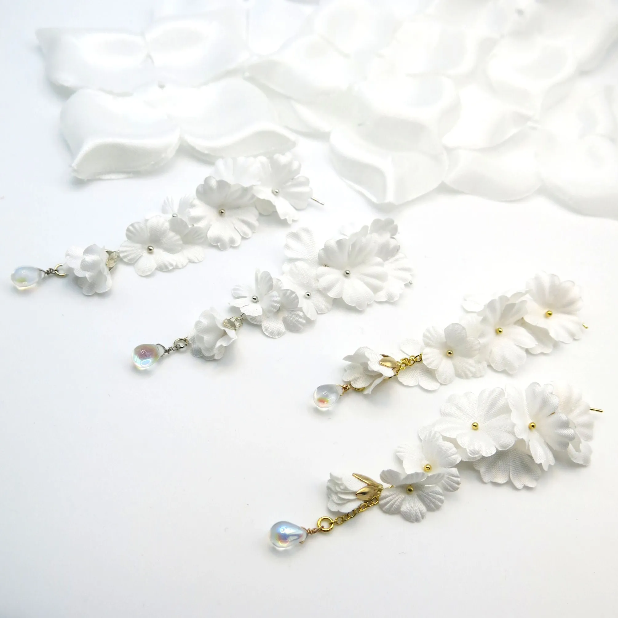 Morning Dew Silk White Flower Dangle Earrings, Custom Floral Wedding Earrings, Bridal Floral Statement Earrings