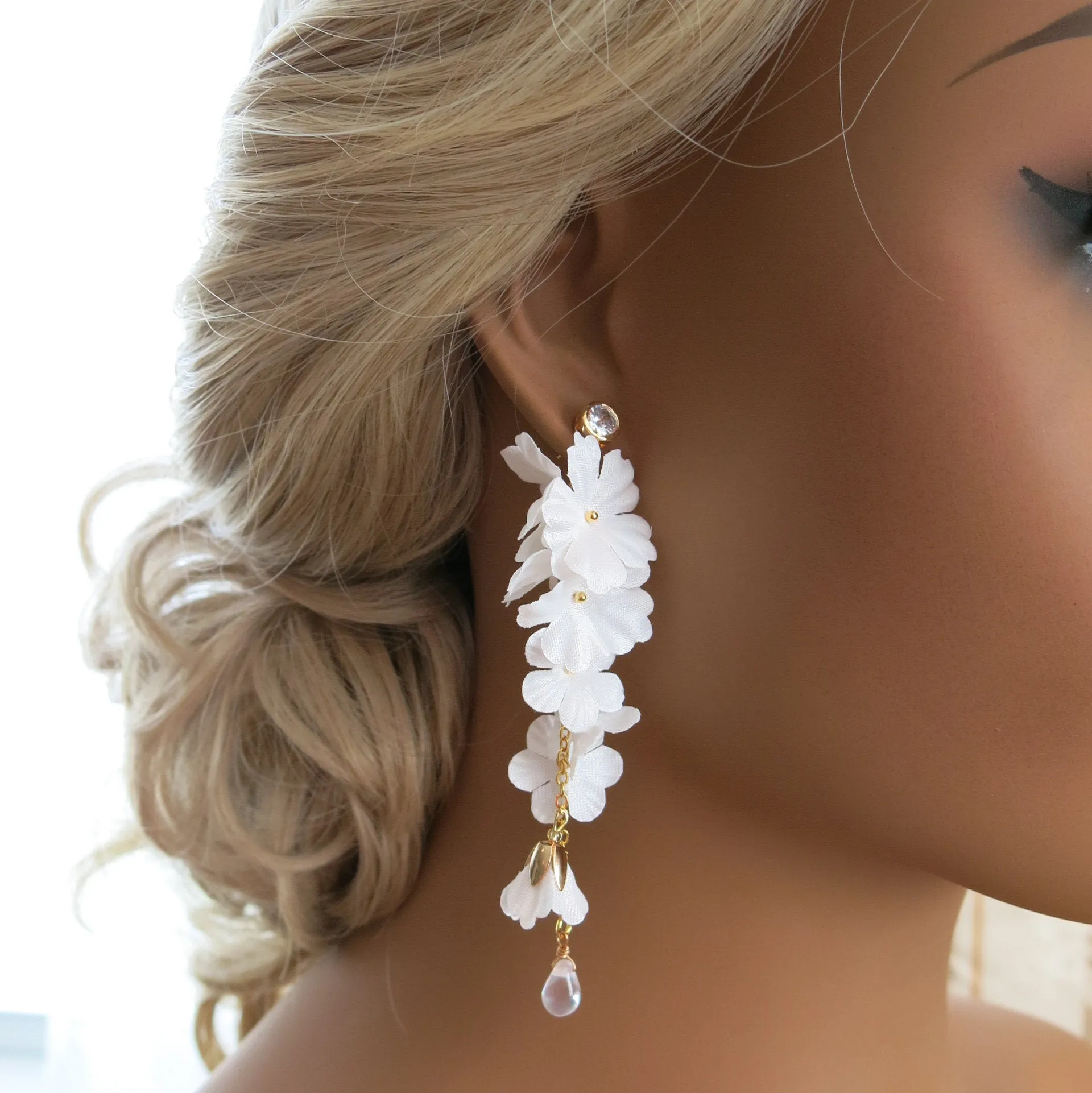 Morning Dew Silk White Flower Dangle Earrings, Custom Floral Wedding Earrings, Bridal Floral Statement Earrings