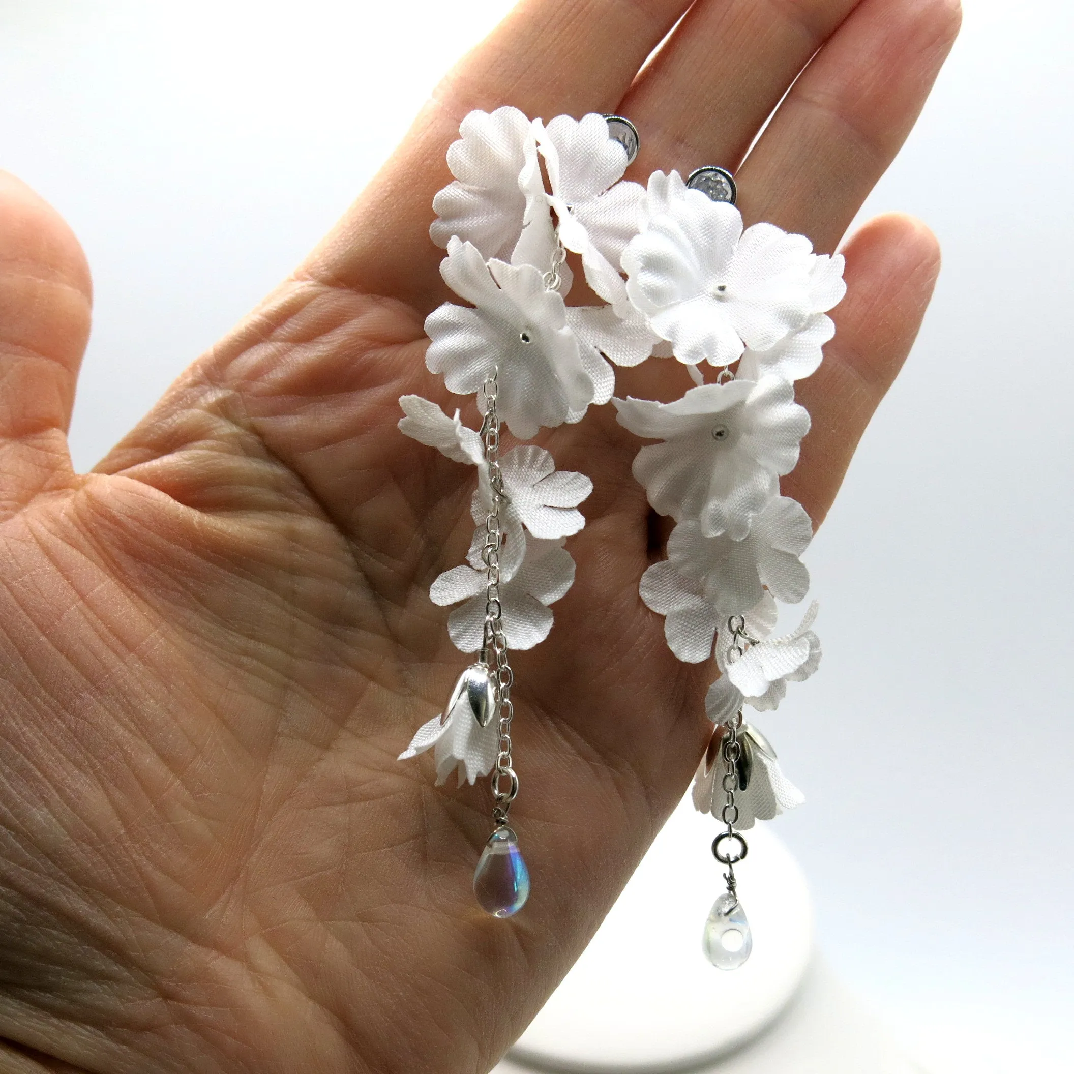 Morning Dew Silk White Flower Dangle Earrings, Custom Floral Wedding Earrings, Bridal Floral Statement Earrings