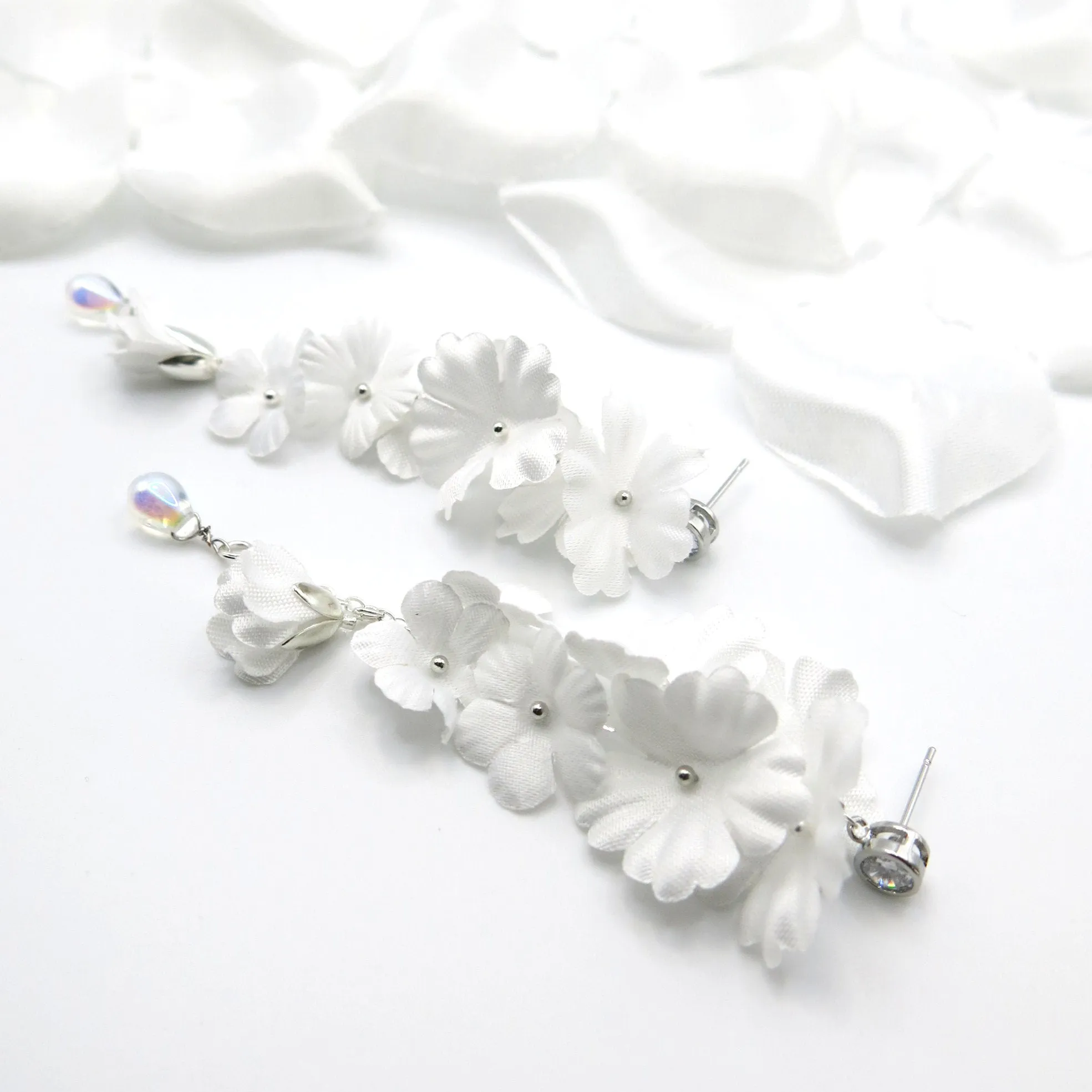Morning Dew Silk White Flower Dangle Earrings, Custom Floral Wedding Earrings, Bridal Floral Statement Earrings
